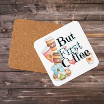 A Product image of 1 of 4 coasters with a watercolor gnome, illustrated with coffee the words But First Coffee