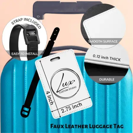 An image of custom printed luggage id tag product information with a reference to easy to install strap included, faux leather bag tag, with durable stitching, smooth surface