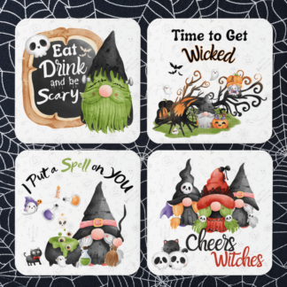 A product image of a set of 4 halloween themed coasters. Illustrated in watercolors, with gnomes witches, pumpkins, and vampire