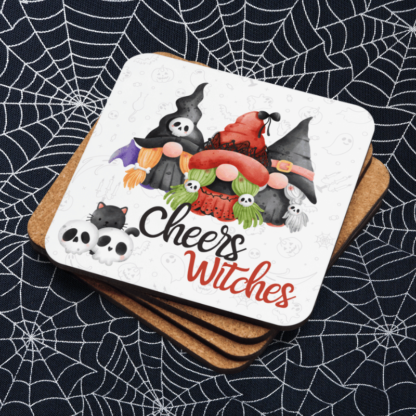 A product image of a of beverage coaster with watercolor illustrated gnome witches with the wording Cheers Witches