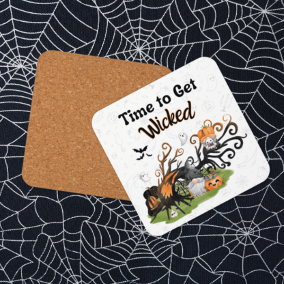 A product image of a of beverage coaster with watercolor illustrated a gnome pumpkins around a spooky tree with bats and spider webs. Printed words: Time to Get Wicked