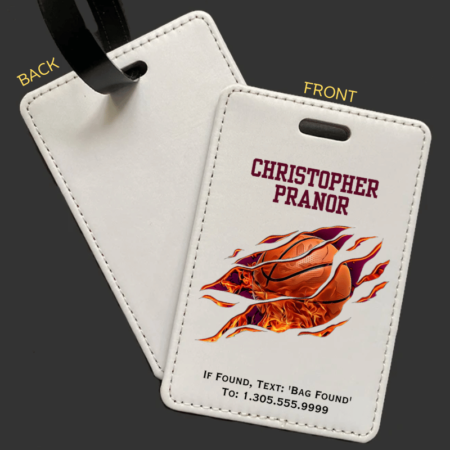 A product image of a luggage tag with the traveler's full name, a basketball in flames, if found text keyword and mobile phone number