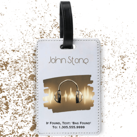 A product image of a luggage tag with the traveler's full name, if found text keyword and mobile phone number, golden sound with illustrated sound waves and headphones