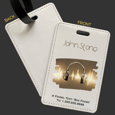 A product image of a luggage tag with the traveler's full name, if found text keyword and mobile phone number, golden sound with illustrated sound waves and headphones