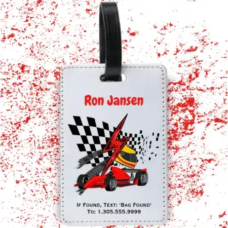 A product image of a luggage tag with the traveler's full name, if found text keyword and mobile phone number, printed with a race open wheel race car, checkered flag, racing helmet, and a red speed lightning bolt