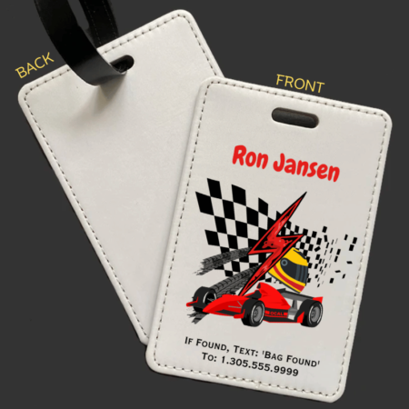 A product image of a luggage tag with the traveler's full name, if found text keyword and mobile phone number, printed with a race open wheel race car, checkered flag, racing helmet, and a red speed lightning bolt