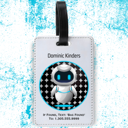 A product image of a luggage tag with the traveler's full name, if found text keyword and mobile phone number, printed with a black and white circle background, blue outline, and an adorable modern robot floating above a blue shadow