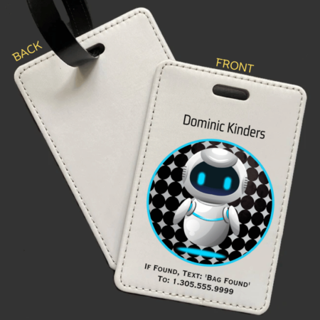 A product image of a luggage tag with the traveler's full name, if found text keyword and mobile phone number, printed with a black and white circle background, blue outline, and an adorable modern robot floating above a blue shadow