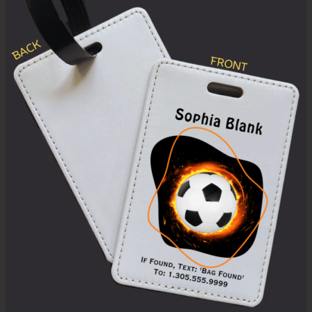 A product image of a luggage tag with the traveler's full name, if found text keyword and mobile phone number, printed with a soccer ball with flames and modern shapes in orange and black