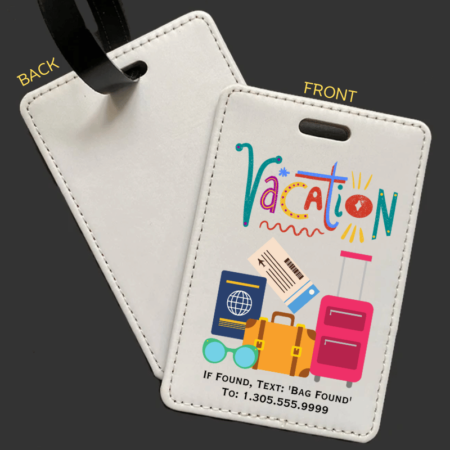 A product image of a luggage tag with the traveler's full name, if found text keyword and mobile phone number, printed with the word Vacation over a airline ticket, passport, sunglasses, and luggage