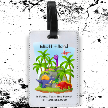 A product image of a luggage tag with the traveler's full name, if found text keyword and mobile phone number, printed with the a dinosaur scene with dinosaurs, rocks, and beautiful greenery