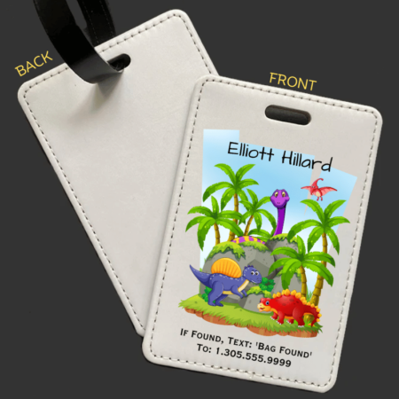 A product image of a luggage tag with the traveler's full name, if found text keyword and mobile phone number, printed with the a dinosaur scene with dinosaurs, rocks, and beautiful greenery