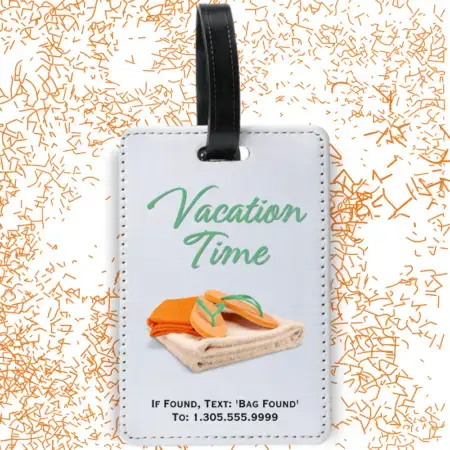 A product image of a luggage tag with the traveler's full name, if found text keyword and mobile phone number, printed with the words Vacation Time over spa towels and flip flops in orange and green