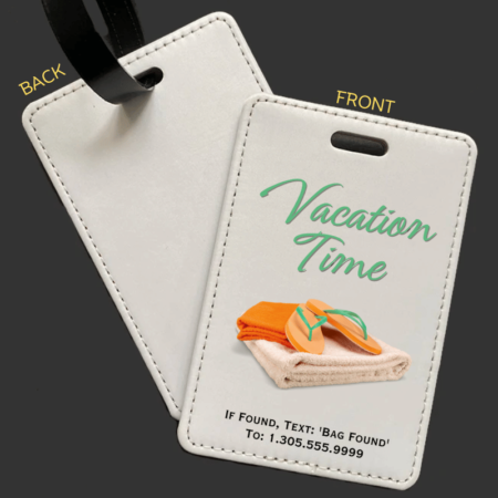 A product image of a luggage tag with the traveler's full name, if found text keyword and mobile phone number, printed with the words Vacation Time over spa towels and flip flops in orange and green