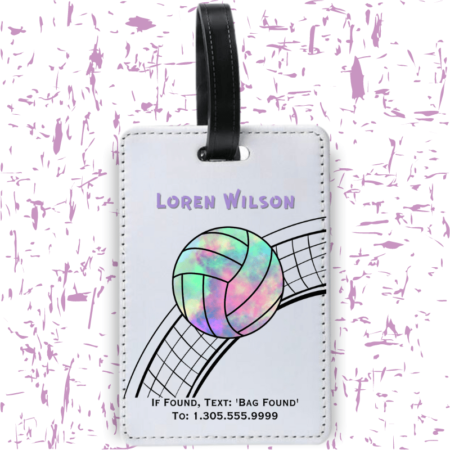 A product image of a luggage tag with the traveler's full name, if found text keyword and mobile phone number, printed with a pastel tie dye volleyball and a illustrated volleyball net