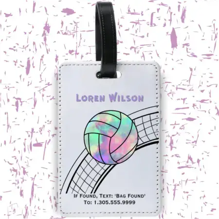 A product image of a luggage tag with the traveler's full name, if found text keyword and mobile phone number, printed with a pastel tie dye volleyball and a illustrated volleyball net