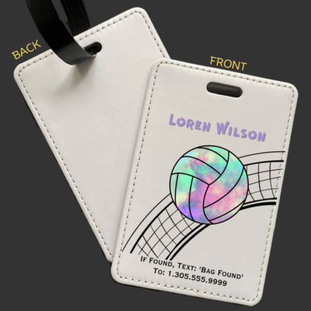 A product image of a luggage tag with the traveler's full name, if found text keyword and mobile phone number, printed with a pastel tie dye volleyball and a illustrated volleyball net