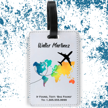 A product image of a luggage tag with the traveler's full name, if found text keyword and mobile phone number, printed with a a colorful illustration of a map of the world with a airplane flying above, forming a heart in the tracks