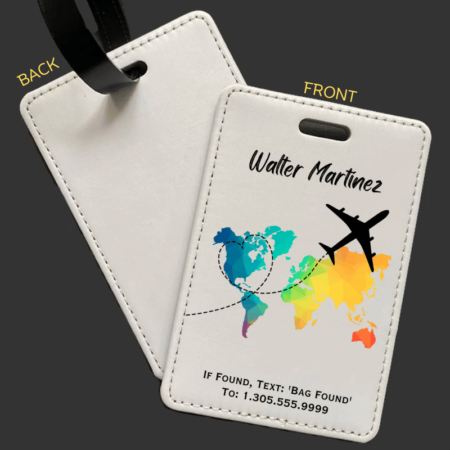 A product image of a luggage tag with the traveler's full name, if found text keyword and mobile phone number, printed with a a colorful illustration of a map of the world with a airplane flying above, forming a heart in the tracks