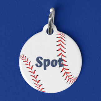 A product image of an aluminum pet id tag that looks like a baseball, customized with your pet's name