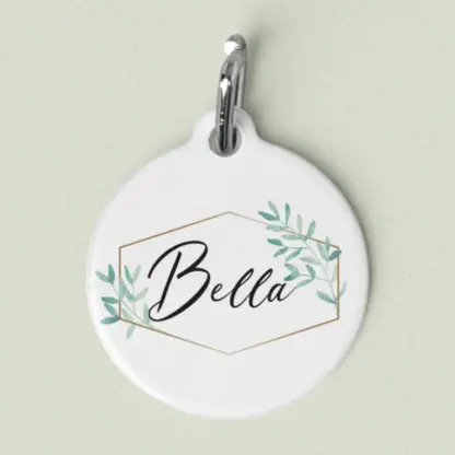 A product image of an aluminum pet ID tag with the your pet's name, a gold hexagon with watercolor greenery