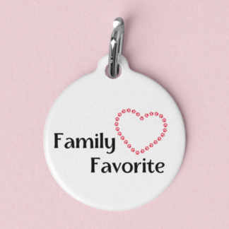 A product image of a pet tag that says Family Favorite with a red heart outline made of paw prints