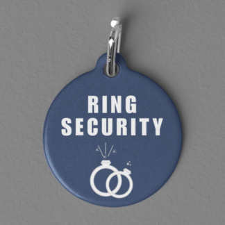 A product image of a aluminum pet ID tag for your wedding ring security detail to wear