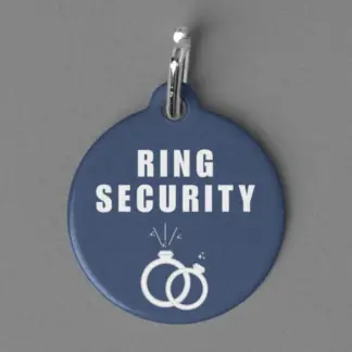 A product image of a aluminum pet ID tag for your wedding ring security detail to wear