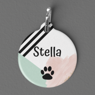 A product image of a aluminum custom pet ID tag with the pet's name, paw print, stripes, sold green, and pink paint strokes with golden flakes