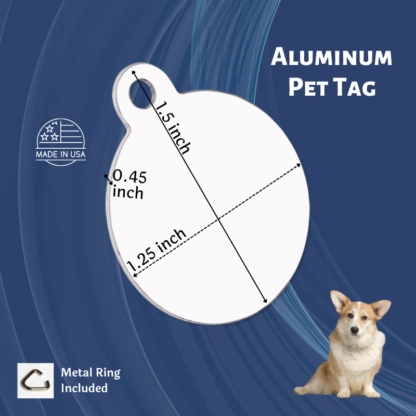 A product information page for our aluminum pet id tag with the dimensions and other specs