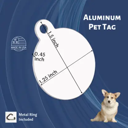 A product information page for our aluminum pet id tag with the dimensions and other specs