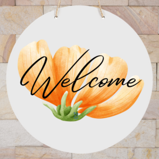 A product image of a hanging sign with a beautiful spring flower background, rendered in watercolor orange and green and printed with the world Welcome