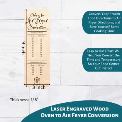 A product image of an engraved wooden card set with the conversion information to change any oven cooking recipes into air fryer recipes