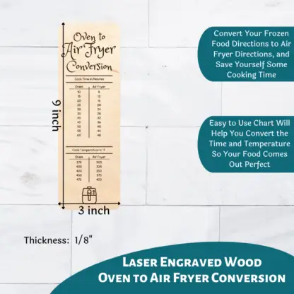 A product image of an engraved wooden card set with the conversion information to change any oven cooking recipes into air fryer recipes