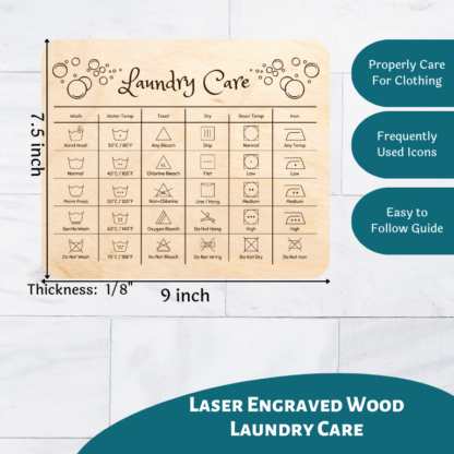 A product image of laser cut wood card set that has been engraved with a a full reference chart of including all of the laundry icons as well as the meaning of that icon