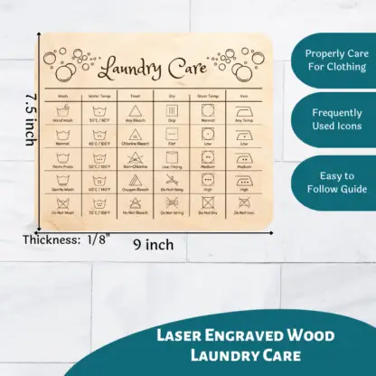 A product image of laser cut wood card set that has been engraved with a a full reference chart of including all of the laundry icons as well as the meaning of that icon