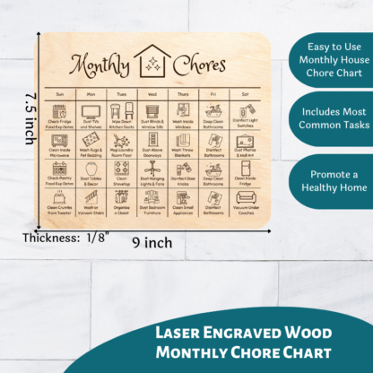 A product image of laser cut wood card set that has been engraved with a monthly schedule of chores