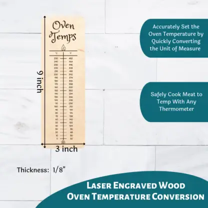 A product image of engraved wood cards to use in the kitchen or when using a grill to properly cook meat and poultry to the FDA suggested temperatures, as well as an oven temperature conversion for celcius and farenheit, bi-directional reference