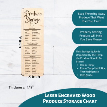 A product image of our engraved wood reference charts with meat and poultry storage guidelines as well as produce storage guidelines to extend the life of your food by storing them properly