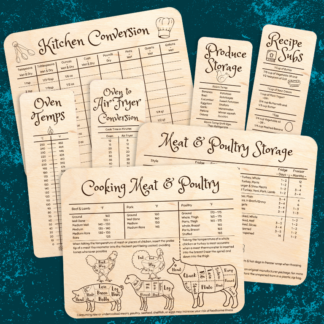 A product image of our cooking and grilling reference cards to ensure you store food properly, cook food properly, and can substitute as well as convert recipes and ingredients