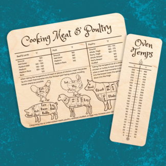A product image of engraved wood cards to use in the kitchen or when using a grill to properly cook meat and poultry to the FDA suggested temperatures, as well as an oven temperature conversion for celcius and farenheit, bi-directional reference