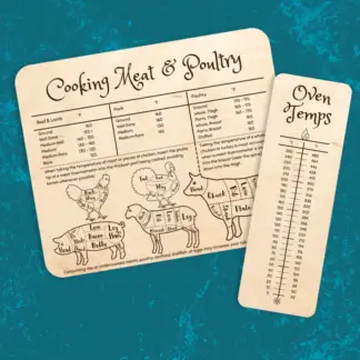 A product image of engraved wood cards to use in the kitchen or when using a grill to properly cook meat and poultry to the FDA suggested temperatures, as well as an oven temperature conversion for celcius and farenheit, bi-directional reference