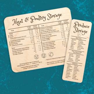 A product image of our engraved wood reference charts with meat and poultry storage guidelines as well as produce storage guidelines to extend the life of your food by storing them properly