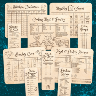 A product image of a complete set of engraved home management cards, including the chef set for cooking meat and poultry, storing meat and poultry, monthly chore charts, laundry care, stain remover, kitchen unit conversion, and recipe substitutes for any newlywed or homeowner
