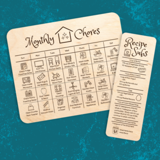 A product image of laser cut wood card set that has been engraved with a monthly schedule of chores, and recipe substitutes. Durable and ready to use