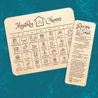 A product image of laser cut wood card set that has been engraved with a monthly schedule of chores, and recipe substitutes. Durable and ready to use