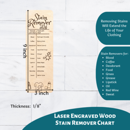 A product image of wooden engraved laundry set with all of the clothing tag icons explained and a stain remover chart to help keep your clothes lasting longer