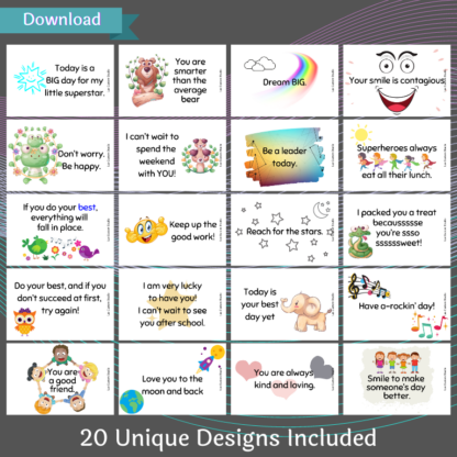 A product image of a set of 20 lunchbox cards for children. Download and print from PDF format