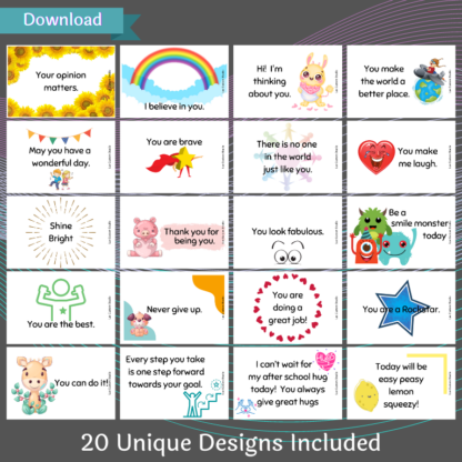 A product image of a set of 20 lunchbox cards for children. Download and print from PDF format