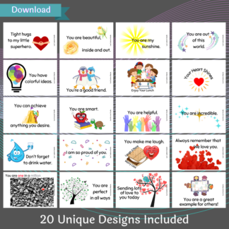 A product image of a set of 20 lunchbox cards for children. Download and print from PDF format